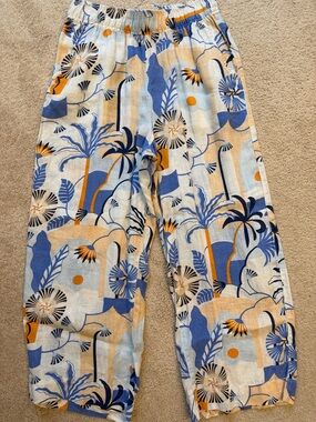 Women’s  Blue, Cream, Orange, Black Tropical Print Pull-On Pants- Linen